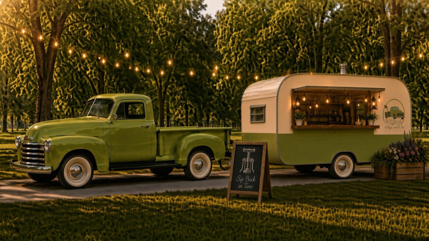 Green 1950 Chevrolet 3600 beside a 1963 Yellowstone canned-ham bar