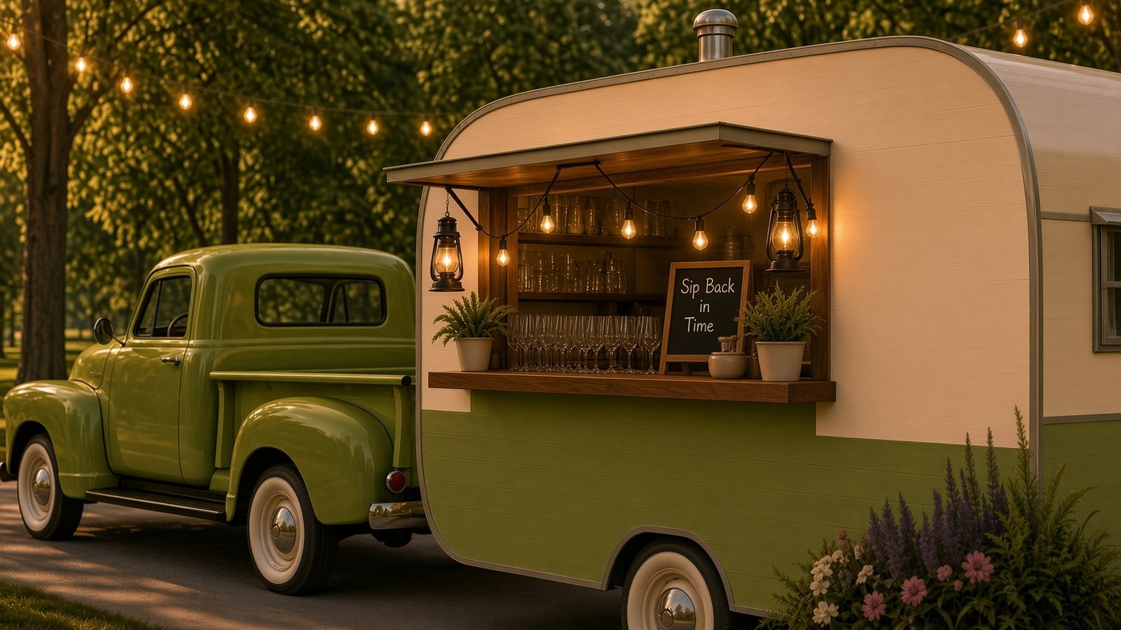 Serving hatch of the Yellowstone bar with string lights, glassware, and the vintage Chevy 3600 beyond