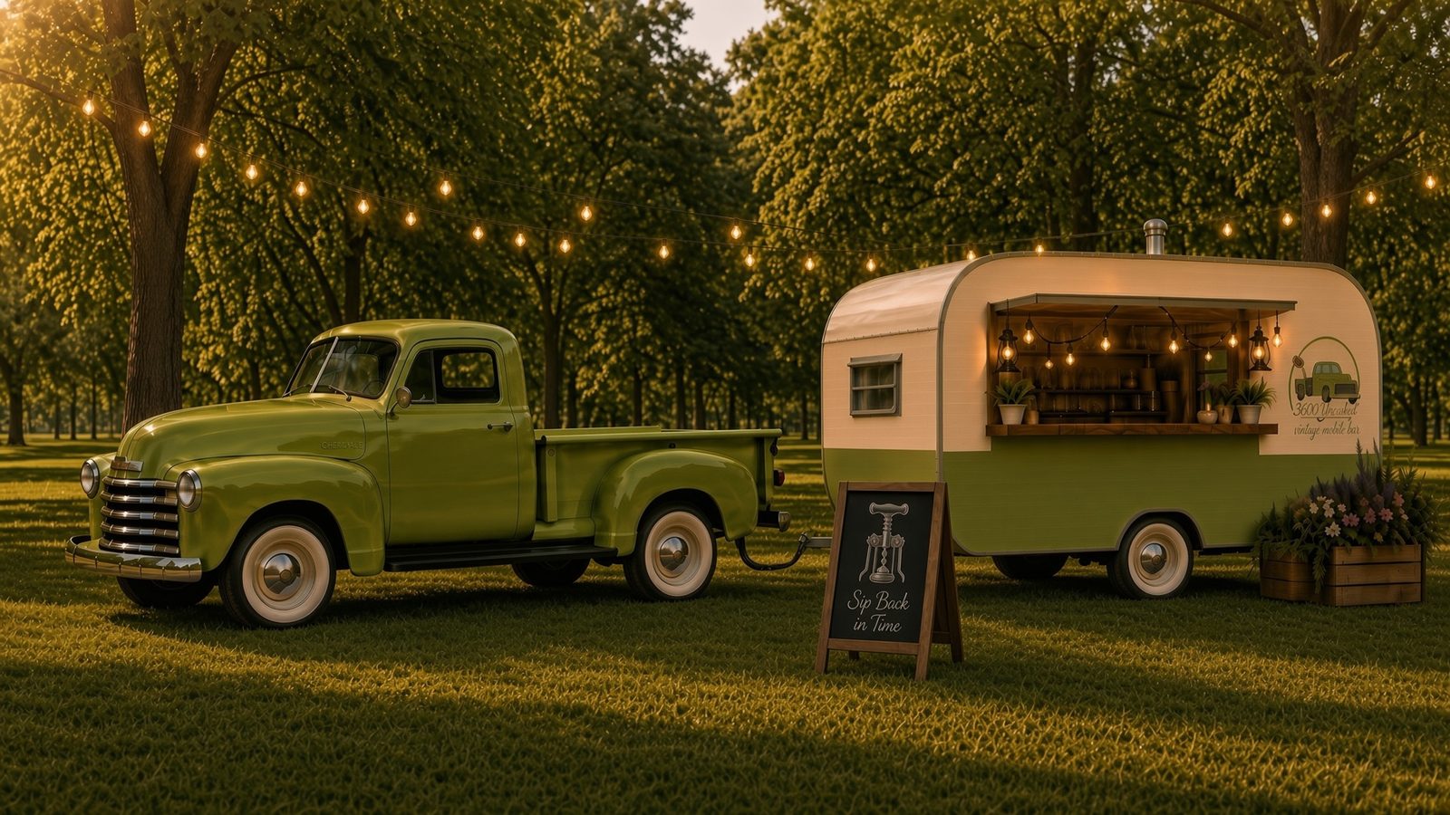 The 3600 hitched to the Yellowstone on a grass lawn at golden hour